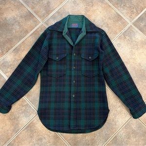 Vintage 70s Pendleton Blue Wool Plaid Button Down Shacket Board Shirt